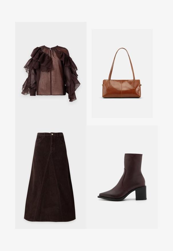 Donkere doorzichtige blouse met volumineuze gelaagde ruches op de mouwen en de bovenkant van de borst, geplooide halslijn en knoopsluiting op de rug.; Donkerbruine corduroy A-lijn rok met voorpaneel details, riemlussen, voorzakken en een knoopsluiting in de taille.; Zign LEATHER - Lage laarzen - bordeaux; Rechthoekige bruine leren handtas met twee lange schouderriemen, een gladde glanzende afwerking en een minimalistisch ontwerp op een effen achtergrond.