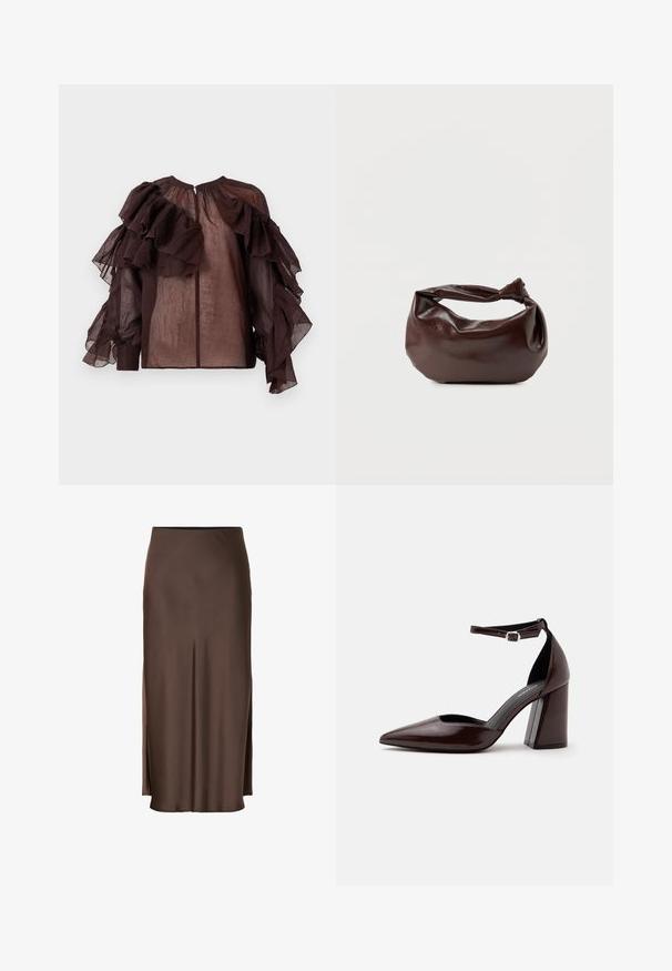 Mørk gennemsigtig bluse med voluminøse lagdelte flæser på ærmerne og den øverste brystdel, samlet halsudskæring og knaplukning bagpå.; Brun satin nederdel med et lige design, der har sideslids for let bevægelse og en glat tekstur gennem stoffet.; Mørkebrunt læder pumps med spids tå, høj hæl, ankelrem og sølvspænde på hvid baggrund.; Mørkebrun læder skuldertaske med en blød, afslappet form og et snoet knudehåndtag på en ensartet hvid baggrund.