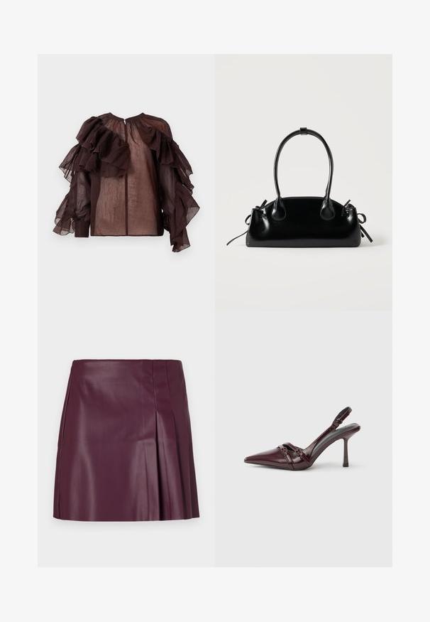 Mørk gennemsigtig bluse med voluminøse lagdelte flæser på ærmerne og den øverste brystdel, samlet halsudskæring og knaplukning bagpå.; ONLY ONLARTZY Short - Mini skirts - mauve wine; Bourgogne laklæder slingback-hæl med spids tå, tynd ankelrem og lille dekorativ spænde. Glat tekstur og høj hæl.; Lille sort blank håndtaske med to lange håndtag og snøre-detaljer i siden på en ensfarvet lys baggrund.