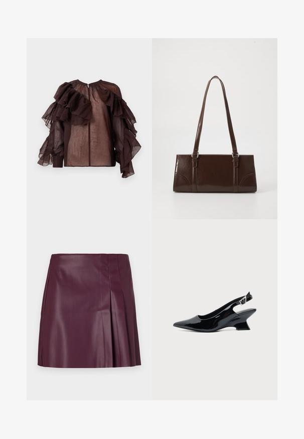 Blusa oscura de tela semitransparente con volantes de capas voluminosas en las mangas y el pecho superior, escote fruncido y cierre de botones en la parte posterior.; ONLY ONLARTZY Short - Minifalda - mauve wine; Zapato slingback de cuero charol negro con puntera puntiaguda y tacón bajo en bloque inclinado sobre fondo claro liso.; Bolso de mano de piel sintética marrón con forma rectangular, dos asas largas y sutiles acentos curvados en la parte delantera.