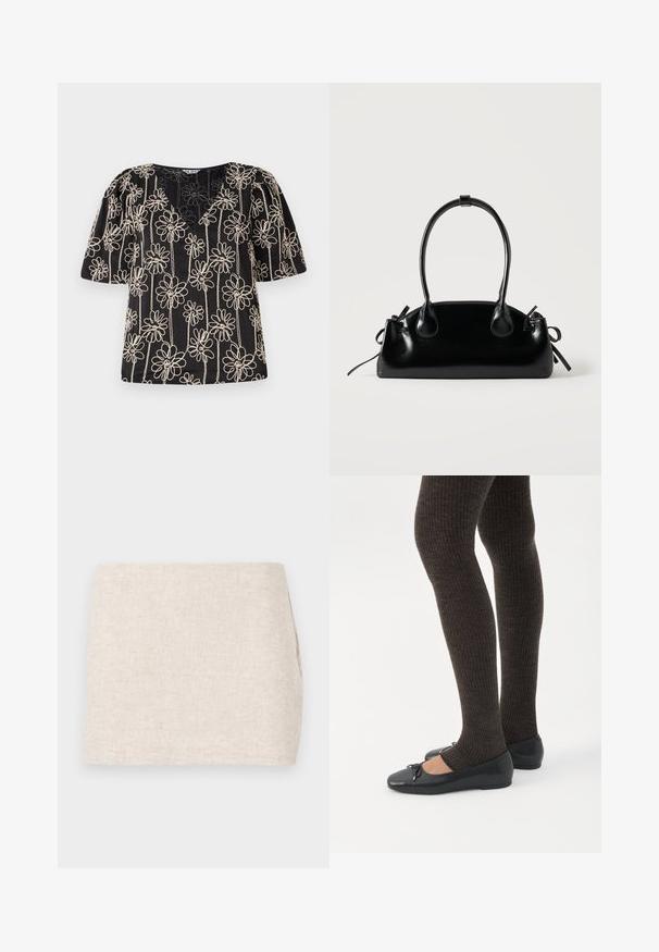 Haut noir avec des manches bouffantes, un col en V et une broderie de fleurs beige. Le motif floral est uniformément réparti sur le tissu.; Jupe en lin beige au design minimaliste, présentant une texture lisse et un tissage subtil. Elle a une coupe droite et simple, sans fermetures visibles.; Jambes portant des leggings côtelés foncés associés à des ballerines noires avec de petits détails en nœud sur fond blanc.; Petit sac à main noir brillant avec deux longues anses et des détails à cordon sur les côtés sur un fond clair uni.