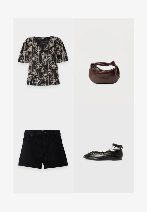 Haut noir avec des manches bouffantes, un col en V et une broderie de fleurs beige. Le motif floral est uniformément réparti sur le tissu.; Shorts en denim noir avec une taille haute, un design à cinq poches, une fermeture à bouton et une finition épurée sans ornements.; Ballerines en cuir verni noir avec un bout rond, un design à lacets et une semelle plate. Texture lisse avec peu de détails.; Sac bandoulière en cuir marron foncé avec une forme souple et décontractée et une anse nouée torsadée sur un fond blanc uni.