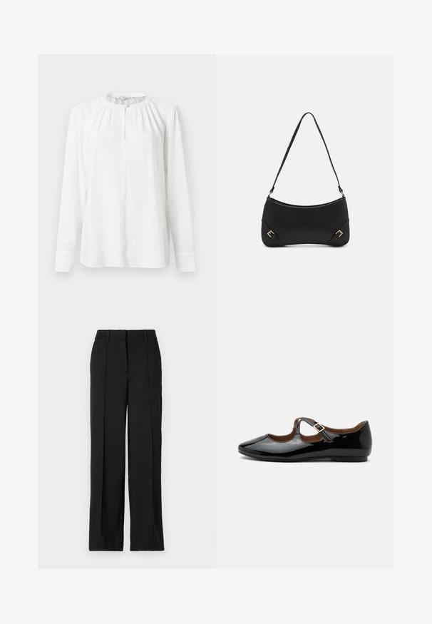 Blouse blanche à manches longues avec un col rond, des détails plissés et une fermeture à boutons sur le devant. Fabriquée en tissu léger et texturé.; Pantalons noirs à jambe droite, dotés de deux plis avant, d'une taille et sans poches ni embellissements visibles.; Chaussure plate Mary Jane en cuir verni noir avec deux découpes et une bride à boucle dorée sur fond blanc.; Call it Spring KOURTNEY - Sac à main - black
