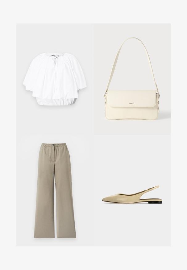 Blouse blanche ample à manches courtes, avec encolure froncée et ourlet élastiqué, dotée d'une petite fermeture à nouer sur le devant.; Pantalon beige à jambes larges avec taille élastique et fermeture par bouton, tissu lisse, détail de couture à l'avant, sur fond blanc.; Chaussure plate beige à bout pointu avec bride arrière, petit talon noir et finition en cuir lisse, vue de côté sur un fond uni.; Sac à bandoulière en cuir couleur crème avec fermeture à rabat, quincaillerie argentée, une bandoulière réglable et un logo discret.