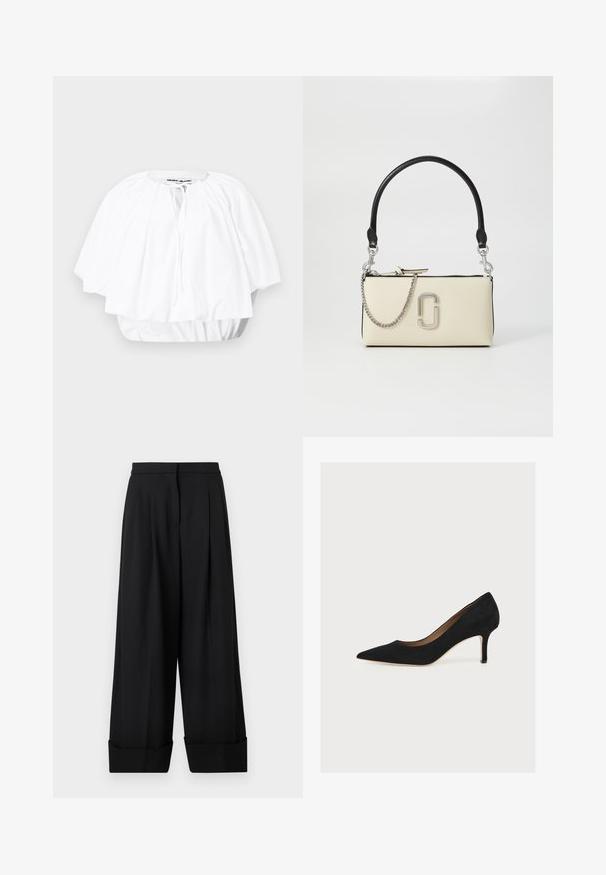 Blouse blanche ample à manches courtes, avec encolure froncée et ourlet élastiqué, dotée d'une petite fermeture à nouer sur le devant.; Pantalon noir à jambes larges avec taille haute, plis sur le devant et larges revers à l’ourlet, présenté sur un fond neutre.; Escarpin en daim noir à bout pointu, talon aiguille de hauteur moyenne et semelle intérieure beige sur fond clair.; Sac à main de couleur crème avec une poignée noire, un détail en chaîne argentée et un logo bien visible à l'avant. Texture lisse et fermeture éclair.