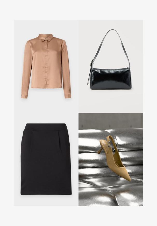 Langærmet bluse i lysbrun satin med krave, knaplukning foran og skræddersyet pasform med lige kant.; Sort knælang blyantskørt med bred linning og diskrete forreste plisseringer, lavet af glat stof.; Beige semsket læder slingback kitten heel-sko med en sølvspænde, placeret over en skinnende metallisk tufted overflade.; Sort rektangulær skuldertaske med en enkelt justerbar rem og lynlås i toppen på en ensfarvet baggrund.