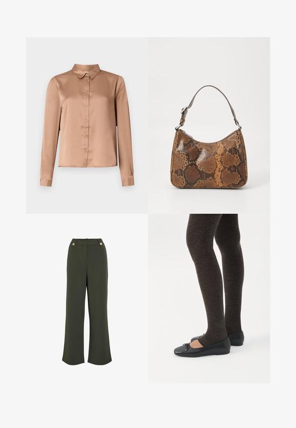 Langærmet bluse i lysbrun satin med krave, knaplukning foran og skræddersyet pasform med lige kant.; Olivenfarvede bukser med bred benvidde og en glat tekstur, der har to guldfarvede knapper i taljen og en ren, skræddersyet silhuet.; Ben iført mørke ribbede leggings kombineret med sorte balletsko med små sløjfedetaljer på hvid baggrund.; Lille håndtaske med brun og sort slangeskinn mønster, kort justerbar rem og lynlåslukning.
