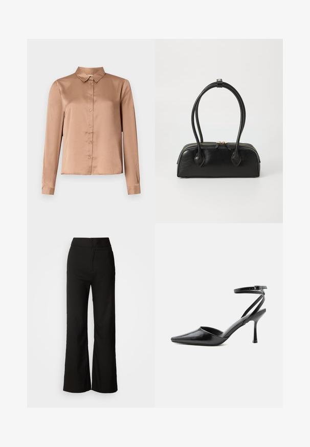 Langærmet bluse i lysbrun satin med krave, knaplukning foran og skræddersyet pasform med lige kant.; Sorte bukser med bred benvidde, glat tekstur, høj talje og et enkelt design. Ingen synlige lommer eller udsmykninger.; Sort spids højhælet sko med tynde ankelremme og sølvspænde på en ensfarvet lys baggrund.; Sort læder håndtaske med to langstrakte håndtag, lynlåslukning og afrundet form; glat tekstur med en subtil blank finish.