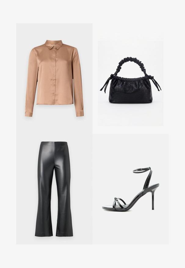 Langarmbluse aus hellbraunem Satin mit Kragen, Knopfleiste und taillierter Passform mit geradem Saum.; Schwarze Kunstlederhose mit weitem Bein, die eine glatte, glänzende Oberfläche und einen hohen Bund aufweist. Schlichte und elegante Erscheinung.; Schwarze Sandale aus Lackleder mit hohen Absätzen, dünnen Riemen über den Zehen und einem Knöchelriemen mit Schnalle auf weißem Hintergrund.; Schwarze Handtasche mit Krokodilstruktur, gerafftem oberen Rand, zusammengezogenem Griff und Zugkordeln mit Quasten an jeder Seite vor weißem Hintergrund.