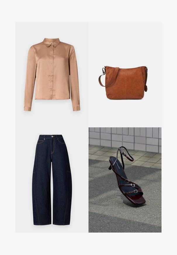 Langærmet bluse i lysbrun satin med krave, knaplukning foran og skræddersyet pasform med lige kant.; Bredde ben mørkeblå denimbukser med kontrasterende orangetråd, fem lommer og en knap- og lynlåslukning i taljen.; Mørkerød højhælet sandal med stropper og spænder på asfaltbelægning og flisevæg i baggrunden.; Brun læder skuldertaske med en buet form, justerbar rem og minimale syninger, der har et rummeligt interiør.