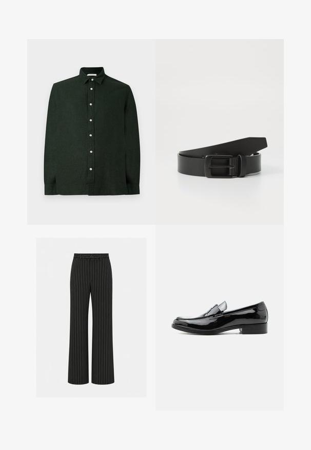 Camisa de manga larga verde oscuro hecha de un tejido texturizado, con un cierre frontal de botones y un collar clásico. Diseño liso sin patrones.; Pantalones negros de pierna ancha con rayas verticales blancas, botón y trabillas para cinturón en la cintura.; Zapato tipo mocasín para hombre de charol negro con tacón bajo, punta redondeada y detalle de correa sobre el empeine, sobre fondo blanco.; Cinturón de cuero negro con hebilla metálica negra mate, que presenta una textura suave y un diseño sencillo. Longitud ajustable con un extremo cónico.