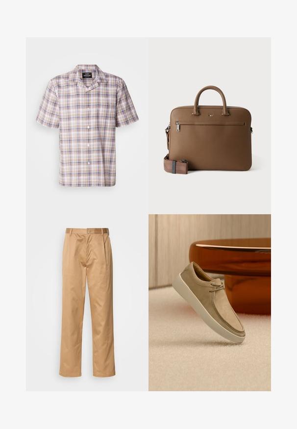 Camisa de cuadros de manga corta en color beige, con acentos en azul y marrón, cuello y botones en la parte delantera. Hecha de tejido liviano, muestra un patrón de cuadros.; Pantalones caqui, mezcla de algodón, diseño de pierna recta, con pliegues delanteros, trabillas para cinturón y cierre de botón. Textura suave sin patrones.; Zapatilla deportiva de ante beige con suela blanca gruesa y cordones, situada sobre una alfombra beige texturizada con una mesa redonda marrón brillante al fondo.; Maletín de cuero marrón con asas superiores, bolsillo delantero con cremallera y correa de hombro a juego desmontable sobre fondo blanco.