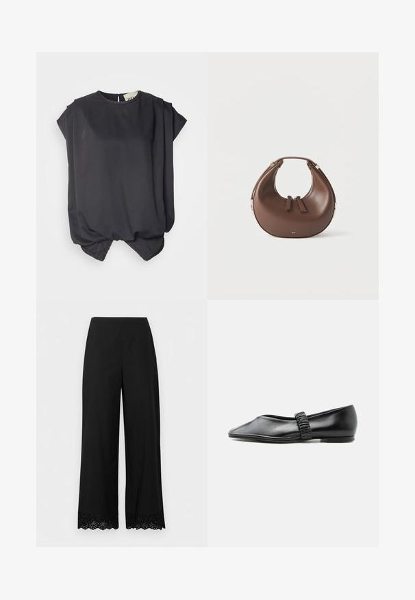 Schwarzes Kurzarmoberteil aus glattem Stoff. Hat einen runden Halsausschnitt, ein Drapé-Design und einen gerafften Saum mit einer leicht kugeligen Form.; Schwarze Hosen mit weitem Bein, gezacktem Saum und Ösen-Spitzen-Details, glatter Vorderseite und mittelhohem Bund.; Schwarzer flacher Lederschuh mit gerafftem Riemen über dem Spann und leicht spitzer Spitze, vor einfachem Hintergrund abgebildet.; Braune, sichelförmige Lederhandtasche mit einem oberen Griff und zwei Reißverschluss-Schiebern vor weißem Hintergrund.