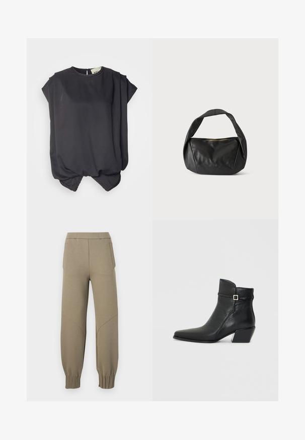 Sort kortærmet top lavet af glat stof. Har en rund halsudskæring, draperet design og en samlet kant med en let bobleform.; Beige joggingbukser med elastiske manchetter, sidelommer og syningsdetaljer på knæene, vist på en hvid baggrund.; Sorte læder ankelstøvler med spids tå, en lav blokhæl og en dekorativ rem med en sølvspænde accent. Glat tekstur.; Sort læderhåndtaske med bred rem og øverste lynlås, vist mod en ensartet lys baggrund.