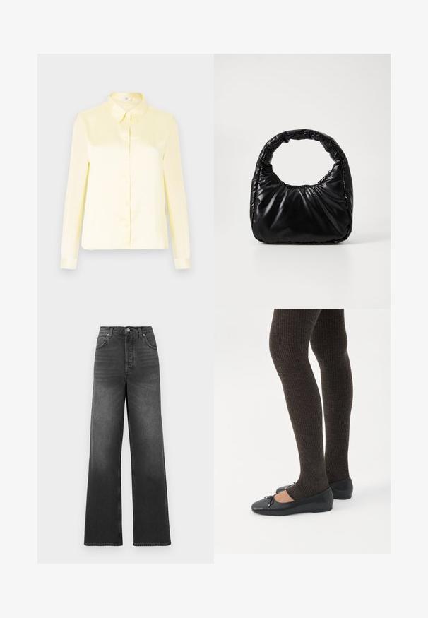 Blouse en satin jaune pâle à manches longues avec une fermeture à boutons sur le devant et un col classique sur un fond uni.; Jeans taille haute et jambes larges en denim gris foncé. Présente un design classique à cinq poches et des détails de couture au niveau de l'ourlet.; Jambes portant des leggings côtelés foncés associés à des ballerines noires avec de petits détails en nœud sur fond blanc.; Sac à main noir rembourré avec une poignée arrondie, présentant une surface lisse et brillante ainsi qu'une texture douce et matelassée. Pas de quincaillerie ou d'accents visibles.