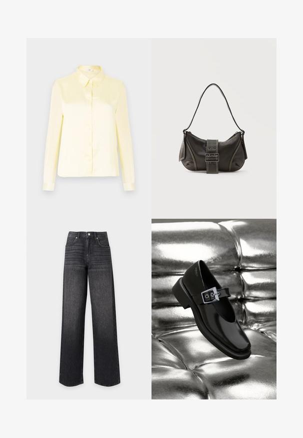 Blouse en satin jaune pâle à manches longues avec une fermeture à boutons sur le devant et un col classique sur un fond uni.; Jean en denim noir taille haute à jambes droites avec poches avant, passants de ceinture, bouton et fermeture éclair sur fond blanc.; Chaussure Mary Jane en cuir noir avec un bout carré, un accent de boucle en argent et un talon bas épais, sur un fond argenté brillant.; Sac à épaule en cuir noir avec une sangle à boucle, des bords arrondis et des coutures blanches contrastées sur un fond uni.