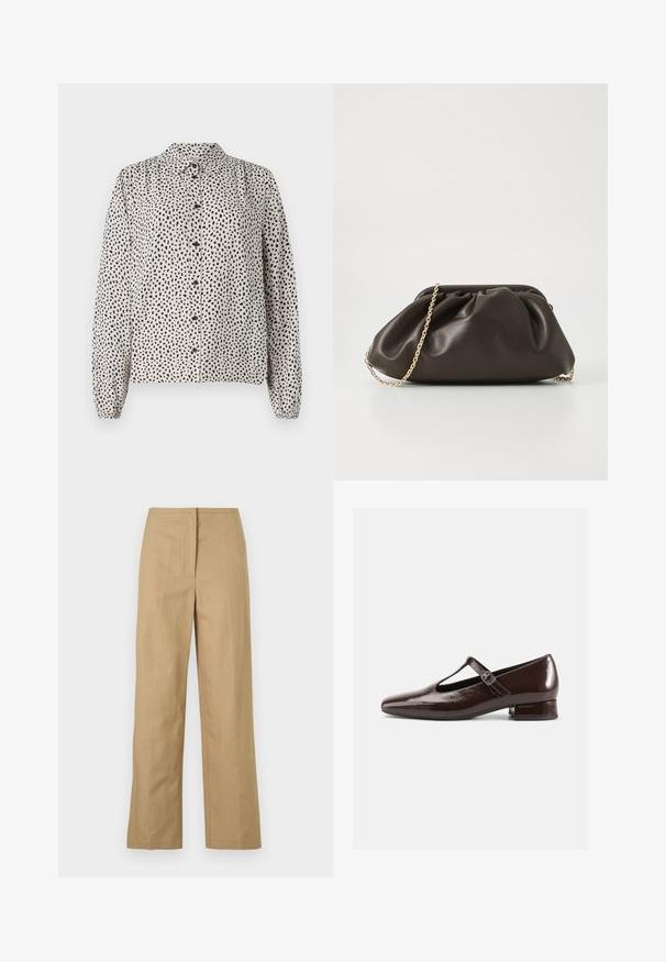 Camisa abotonada en crema con manchas negras, con cuello, mangas largas y puños elásticos. Confeccionada en una tela ligera y suave.; Pantalones rectos beige con frente plano, bolsillos laterales y una tela suave y ligera. Sin patrones visibles ni detalles de hardware.; Zapatos Mary Jane de charol marrón con punta redondeada, diseño recortado y una correa ajustable. Tacón bajo y ancho.; Bolso de mano de cuero marrón con un diseño fruncido, correa de cadena dorada y un acabado suave y texturizado. Forma compacta adecuada para uso nocturno.