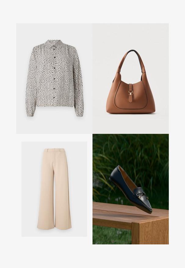 Camisa abotonada en crema con manchas negras, con cuello, mangas largas y puños elásticos. Confeccionada en una tela ligera y suave.; Pantalones beige de tiro alto y pierna ancha con trabillas para el cinturón y cierre frontal oculto sobre fondo blanco.; Mocasín de cuero negro con un detalle de lazo flotando sobre un banco de madera, con hierba verde y plantas en el fondo.; Bolso de mano de cuero marrón con acabado texturizado, forma curva, una sola correa para el hombro y detalle de herrajes en tono dorado en el frente.