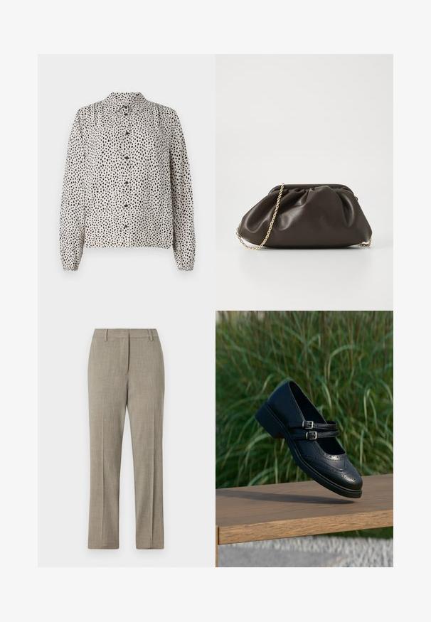 Camisa abotonada en crema con manchas negras, con cuello, mangas largas y puños elásticos. Confeccionada en una tela ligera y suave.; Pantalones ajustados de color gris claro con una tela texturizada, diseño de pierna recta y una cinturilla clásica. Presenta un sutil detalle de rayas finas.; Zapato Mary Jane negro de cuero con dobles correas con hebillas y detalles brogue, flotando sobre un banco de madera con fondo de césped verde.; Bolso de mano de cuero marrón con un diseño fruncido, correa de cadena dorada y un acabado suave y texturizado. Forma compacta adecuada para uso nocturno.