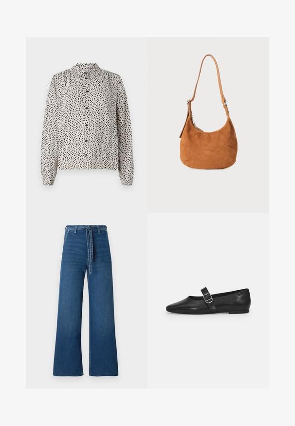 Button-up skjorte i creme med sorte pletter, med krave, lange ærmer og elastiske manchetter. Lavet af et letvægts og glat stof.; TOM TAILOR DENIM TTMIJA CULOTTE FIT - Flared jeans - used mid stone blue denim; Sorte læder flade sko med rund tå, et enkelt justerbart spænde og en glat, blank overflade. Minimalistisk design med en lav hæl.; Tan ruskinds skuldertaske med buet design, justerbar rem, metallynlås og præget logo-detail på forsiden.