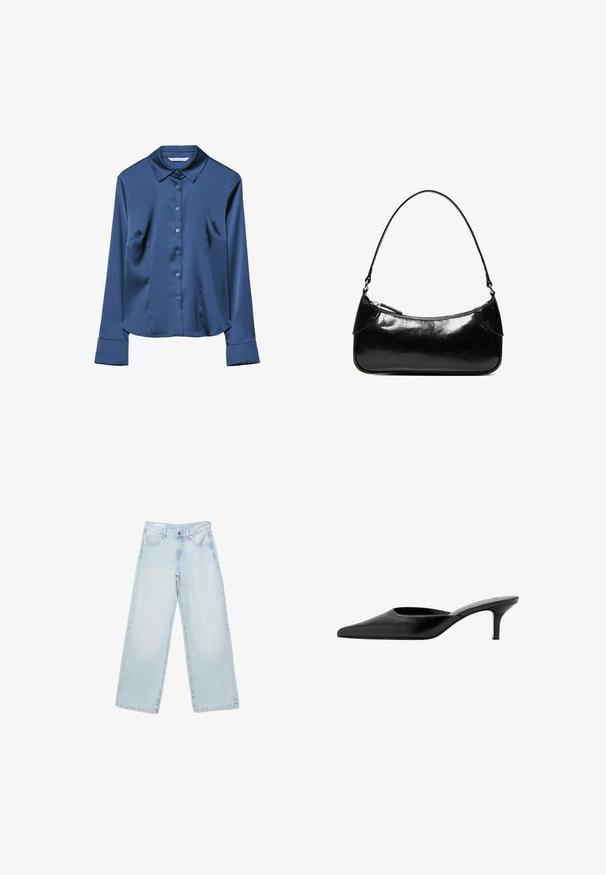 Chemise en satin bleu marine à manches longues avec un col, des boutons à l'avant et des poches latérales. Texture douce et coupe ajustée.; Jean large bleu clair avec fermeture à bouton et zip, poches avant et arrière, et légère décoloration sur les cuisses et les genoux.; Mule en cuir noir à bout pointu, avec un petit talon fin et un design sans contrefort pour enfiler facilement.; Sac à épaule en cuir noir brillant avec un seul compartiment zippé et une fine bandoulière arquée.