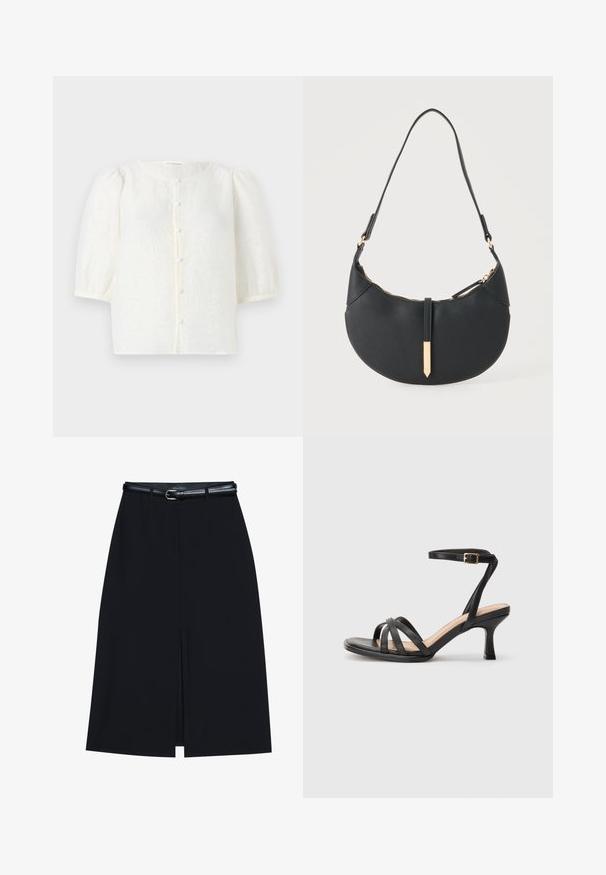 Blusa blanca con tejido texturizado, escote redondo y mangas cortas abullonadas. Cuenta con un cierre de botones en la parte frontal con botones pequeños y redondos.; Falda negra hasta la rodilla con una abertura en la parte delantera, hecha de tejido suave. Presenta un delgado cinturón negro con una hebilla plateada y pasadores para el cinturón.; Sandalias negras de tacón alto con múltiples tiras finas en la parte delantera, una sola tira en el tobillo con un hebilla dorada y punta cuadrada.; Bolso negro en forma de media luna con una sola correa, cremallera dorada y una lengüeta decorativa rectangular dorada en la parte delantera.