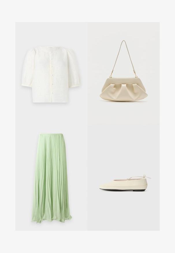 Hvid bluse med struktureret stof, rund halsudskæring og korte pufærmer. Har en frontåbning med små, runde knapper.; Lys grøn plisseret lang skirt lavet af let stof med elastisk talje, præsenteret mod en hvid baggrund.; Cremefarvede flade sko med rund tå, ankelrem og kontrasterende sort gummisål. Glat materiale med minimal detaljer.; Kremfarvet blød clutch-taske med samlet plissering og en tynd skulderrem med guldfarvet hardware.