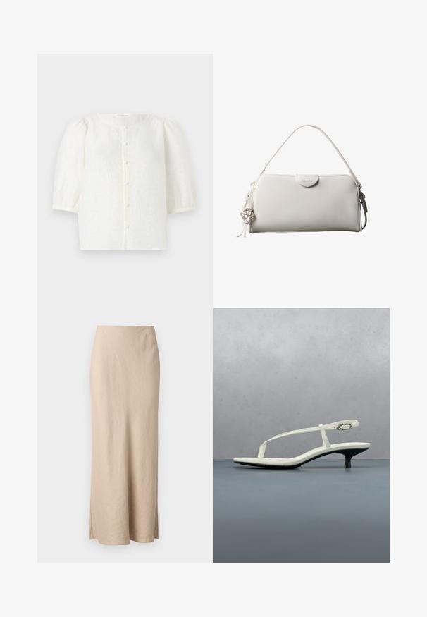 Blusa blanca con tejido texturizado, escote redondo y mangas cortas abullonadas. Cuenta con un cierre de botones en la parte frontal con botones pequeños y redondos.; Samsøe Samsøe AGNETA LONG SKIRT - Falda larga - white pepper; Sandalia blanca de tacón kitten con tiras y punta afilada, flotando sobre un suelo de baldosas de madera al aire libre, con un fondo desenfocado de plantas y pared.; Bolso rectangular blanco de Calvin Klein con un solo asa, diseño minimalista y borlas decorativas con un charm metálico geométrico en el lateral.