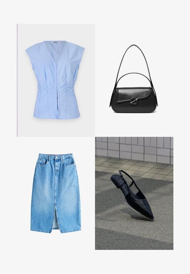 Top sans manches bleu clair avec un décolleté en V, des détails froncés sur les côtés et une fermeture à boutons à l'avant, fabriqué dans un tissu lisse avec un éclat subtil.; Jupe en denim bleu clair avec une fente avant, cinq poches et une fermeture à bouton. Présente une coupe droite classique et un ourlet effiloché.; Chaussure plate noire à bout pointu avec bride arrière, flottant au-dessus d'une surface en bitume à côté d'un trottoir carrelé.; Sac à bandoulière en cuir noir avec un rabat incurvé fermé par un fermoir métallique rond et une sangle fine et ajustable.