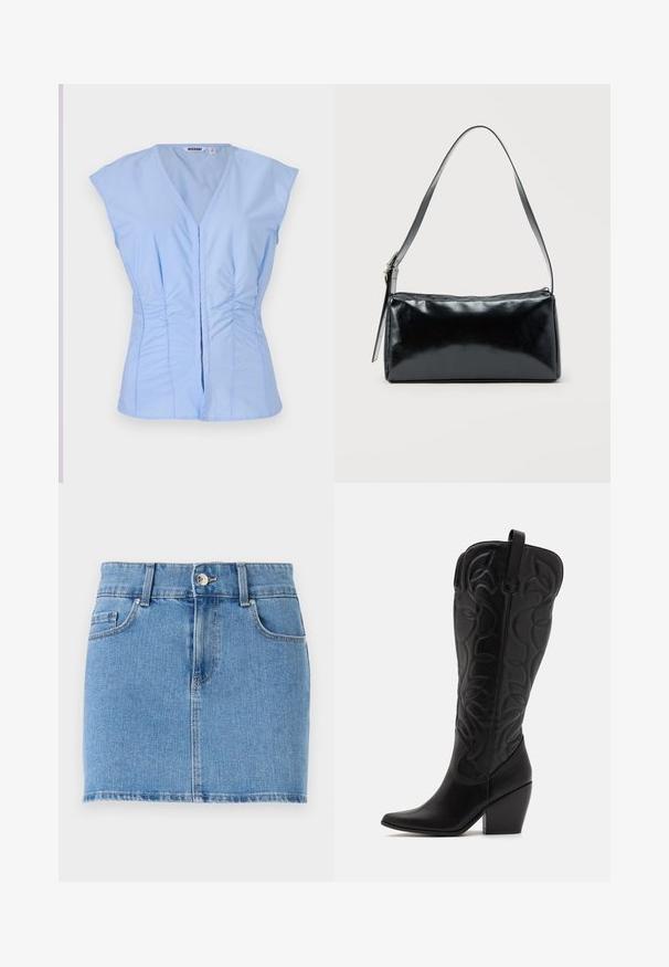 Top sans manches bleu clair avec un décolleté en V, des détails froncés sur les côtés et une fermeture à boutons à l'avant, fabriqué dans un tissu lisse avec un éclat subtil.; Jupe en denim mini en bleu clair. Présente un design ajusté, un style cinq poches, une fermeture à bouton, et un ourlet droit légèrement effiloché.; Bottes hautes en cuir noir jusqu'aux genoux avec bout pointu et talon empilé. Caractéristiques de coutures décoratives et éléments de design courbés.; Sac d'épaule rectangulaire noir avec une sangle réglable unique et une fermeture éclair supérieure sur un fond uni.