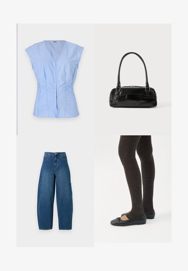 Top sans manches bleu clair avec un décolleté en V, des détails froncés sur les côtés et une fermeture à boutons à l'avant, fabriqué dans un tissu lisse avec un éclat subtil.; Jean en denim de teinte bleu moyen, présentant une taille haute, une coupe large et un design standard à cinq poches avec des détails de coutures visibles.; Jambes portant des leggings côtelés foncés associés à des ballerines noires avec de petits détails en nœud sur fond blanc.; Sac à main en cuir noir de forme rectangulaire, doté d'une seule ansse structurée, de quincaillerie argentée et d'une fermeture éclair. Texture lisse.