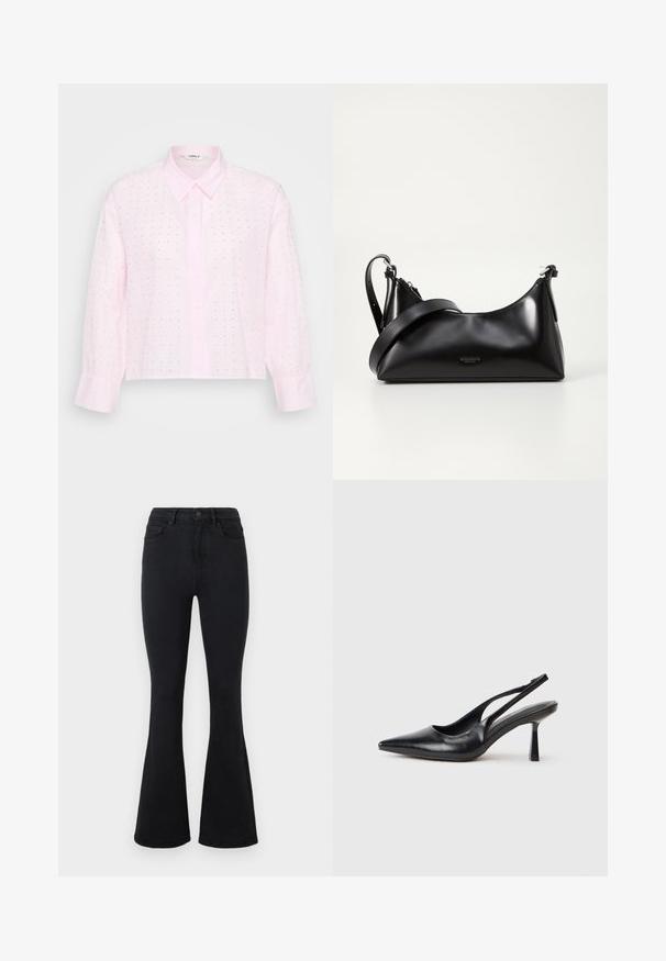 Camisa ajustada de tono rosa claro con cuello estructurado, mangas largas y un corte corto. Presenta pequeños lunares negros y textura acanalada.; Jeans de mezclilla negra acampanados con cintura alta, que cuentan con un cierre de botón clásico y detalles de costura mínimos. Textura suave y acabado liso.; Zapato de tacón alto negro de cuero con puntera afilada y tacón delgado sobre un fondo blanco.; Bolso de mano de cuero negro con una textura suave. Cuenta con una correa ajustable y un diseño elegante y minimalista con cierre de cremallera.