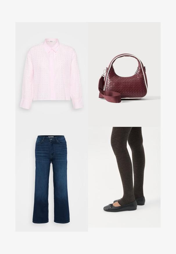 Camisa ajustada de tono rosa claro con cuello estructurado, mangas largas y un corte corto. Presenta pequeños lunares negros y textura acanalada.; ONLY Petite ONLMADISON BLUSH WIDE - Pernera ancha - dark blue denim; Piernas con leggings oscuros acanalados combinados con bailarinas negras que presentan pequeños detalles de lazo sobre un fondo blanco.; Bolso de mano de cuero tejido color granate con asa curva, ribete blanco, cremallera plateada y correa desmontable de tela ancha para el hombro sobre fondo liso.