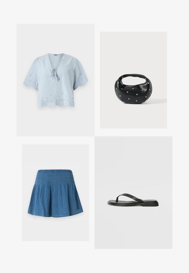Himmelblaues, kurzes Blusenshirt mit kurzen Puffärmeln, dekorativen Lochmustern am Saum und einer Schleifenverzierung am V-Ausschnitt.; Blauer knielanger Rock mit elastischem Taillenbund und gesammeltem Stoff für eine ausgestellte Silhouette, auf weißem Hintergrund dargestellt.; Schwarze Flip-Flops aus glattem Leder, mit einem dünnen Riemendesign und einer flachen Sohle mit minimalem Profil. Keine bemerkenswerten Muster oder Akzente.; Schwarze Lederhandtasche mit abgerundeter Form, verziert mit silbernen Nietenakzenten und kurzem Griff. Glatte Struktur und Reißverschlussverschluss.