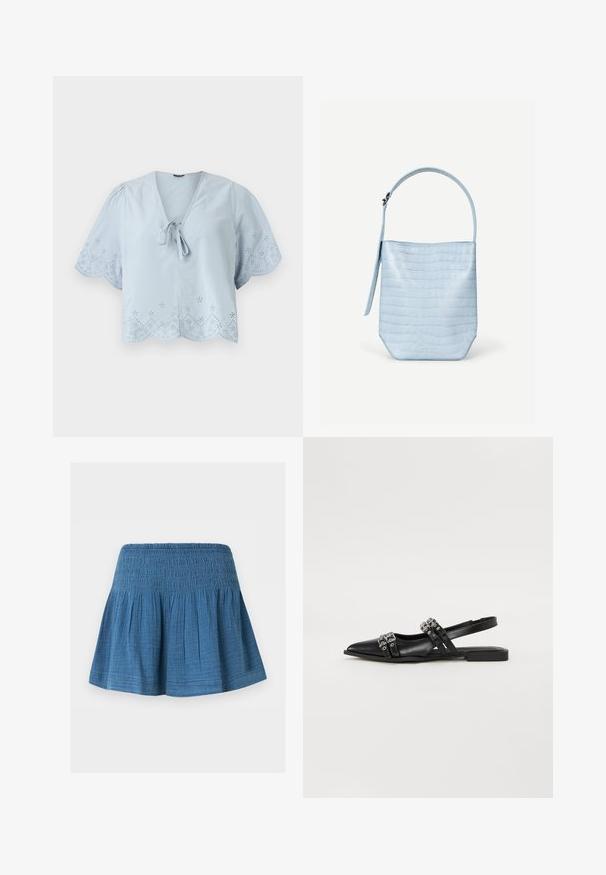 Blouse cropped bleu clair avec des manches bouffantes courtes, des motifs d'œillets décoratifs le long de l'ourlet et un détail à cravate au niveau du col en V.; Jupe bleue mi-longue avec taille froncée et tissu froncé pour une silhouette évasée, présentée sur fond blanc uni.; Even&Odd by Zalando Ballerines à brides arrière - black; Sac à main bleu clair avec texture crocodile, forme rectangulaire, poignée unique en haut et une bandoulière latérale suspendue sur un fond blanc uni.