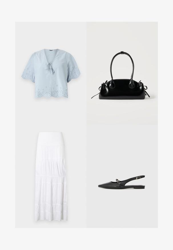 Blouse cropped bleu clair avec des manches bouffantes courtes, des motifs d'œillets décoratifs le long de l'ourlet et un détail à cravate au niveau du col en V.; Jupe maxi blanche à volants, réalisée en tissu léger. Elle présente une ceinture élastique et une texture subtile avec des coutures horizontales.; Chaussures slingback en cuir noir avec un bout pointu, comprenant une lanière étroite et un accent de boucle argentée sur le côté. Semelle plate.; Petit sac à main noir brillant avec deux longues anses et des détails à cordon sur les côtés sur un fond clair uni.