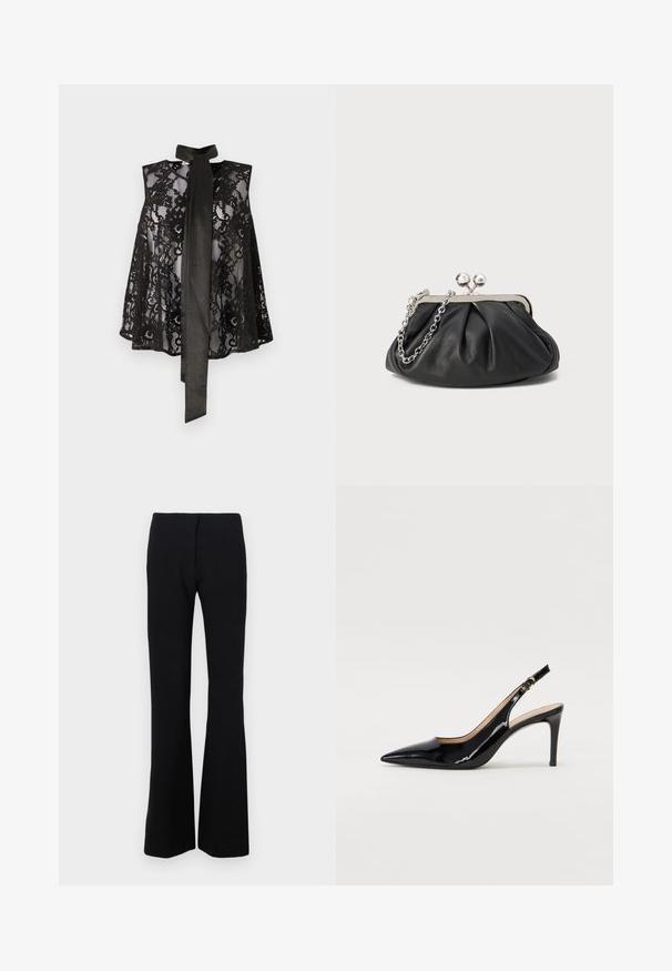 Haut en dentelle noire avec un design sans manches, doté d'un nœud au cou. La dentelle présente des motifs floraux et une texture transparente, créant un look élégant.; Pantalons noirs évasés en tissu extensible avec une texture lisse et une taille ajustée. Aucune fermeture visible ni motifs.; Pompe slingback en cuir verni noir avec un bout pointu, un talon fin et un design de découpes subtil. Elle dispose d'une boucle dorée sur la sangle.; Porte-monnaie en cuir noir avec texture froncée, cadre en métal argenté, fermeture à verrouillage kiss-lock et bandoulière en chaîne. Surface lisse et douce.
