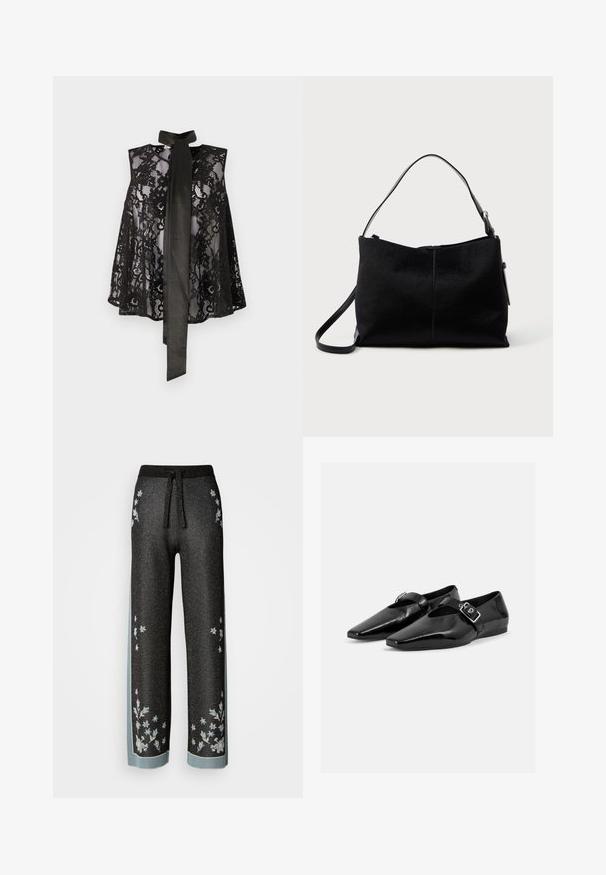 Haut en dentelle noire avec un design sans manches, doté d'un nœud au cou. La dentelle présente des motifs floraux et une texture transparente, créant un look élégant.; Pantalons larges noirs en tissu pailleté, ornés de broderies florales en bleu clair. Taille à cordon de serrage et rayures contrastées sur les côtés.; Paire de chaussures plates en cuir verni noir à bouts pointus avec une bride à boucle sur le dessus, montrée sur un fond clair uni.; Sac à bandoulière noir avec une surface lisse et texturée, doté d'une seule sangle et d'une fermeture éclair en haut. Forme rectangulaire compacte.