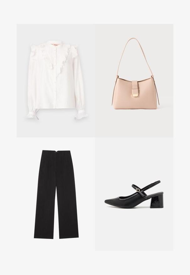 Blusa blanca hecha de tela ligera, con frente y puños con volantes, cierre de botones y mangas largas.; Anna Field by Zalando Pantalones - black; Tacones slingback de charol negro con punta afilada, un diseño de corte redondeado y tacón bloque. Incluye un detalle de hebilla en tono dorado.; Bolso de mano rosa claro con una forma curva, hecho de material texturizado. Cuenta con una correa plana y un detalle de cierre en tono dorado en el frente.