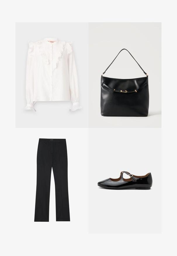 Blusa blanca hecha de tela ligera, con frente y puños con volantes, cierre de botones y mangas largas.; Pantalones negros con corte recto, tejido suave y sin patrones visibles. Diseñados con bolsillos frontales clásicos y cierre de cremallera.; Zapato plano Mary Jane de charol negro con dos recortes y una correa con hebilla dorada sobre fondo blanco.; Bolso de hombro de cuero negro con una sola correa y un pequeño detalle de hebilla dorada en la parte delantera sobre un fondo claro y liso.
