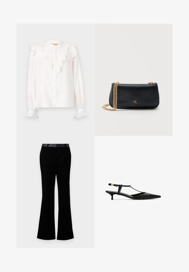 Witte blouse van lichtgewicht stof, met een gerimpelde voorkant en manchetten, knoopsluiting en lange mouwen.; Zwarte flare-pantalons gemaakt van een gladde stof. Voorzien van een platte tailleband met een glanzende afwerking. Strak ontwerp met twee zijzakken.; Zwarte leren slingback kitten heel schoen met een spitse neus en een dunne enkelband met een kleine gouden gesp.; Zwarte leren schoudertas met gouden kettingriem en klein gouden "cK"-logo in het midden van de voorflap tegen een effen achtergrond.