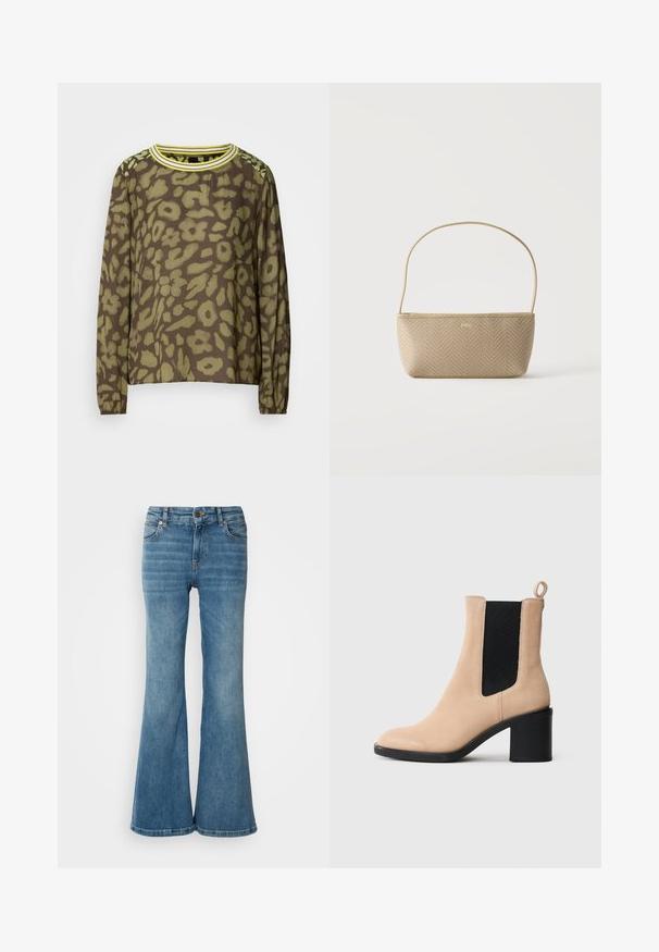 Haut marron à manches longues avec un motif floral abstrait vert, col rond avec des rayures jaunes et poignets élastiques.; Jean évasé bleu clair en denim, doté de cinq poches, de coutures visibles, et d'une fermeture à bouton et à zip à la taille.; Bottine en suede beige avec un talon bloqué, présentant un gousset élastique noir et une languette à l'arrière. Texture lisse et design à bout rond.; Sac à main tissé beige avec fine bandoulière et petit logo doré "BOSS" à l'avant, présenté sur fond blanc uni.