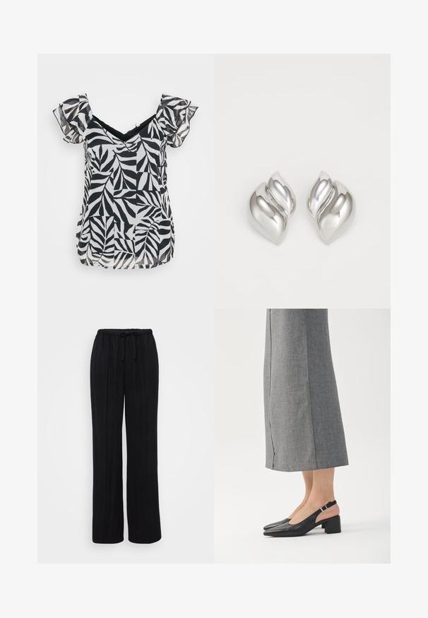 Blusa corta de manga corta en blanco y negro con escote en V y mangas con volantes, con un patrón de hojas en una tela ligera y un corte holgado.; Pantalones negros de pierna ancha, hechos de una tela suave con cintura elástica y cordón. Presentan pliegues verticales para un ajuste relajado.; Zapatos slingback de cuero negro con puntera puntiaguda, tacón ancho y un detalle en el tacón en color rosa contrastante. Textura lisa con un diseño minimalista.; Pendientes de plata con una forma orgánica y abstracta. Superficie lisa y brillante con un diseño cónico. Presentan suaves curvas y un detalle de línea central.