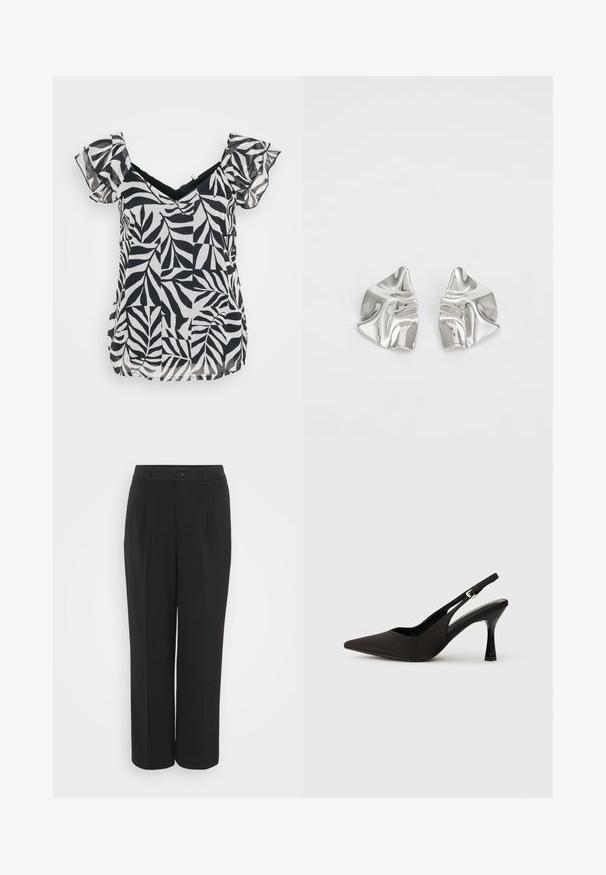 Blusa corta de manga corta en blanco y negro con escote en V y mangas con volantes, con un patrón de hojas en una tela ligera y un corte holgado.; Pantalones negros de talle alto con una textura suave, frente plisado y cierre de botón único. Diseño de pierna ancha con bolsillos laterales.; Zapatos de tacón negro tipo slingback con puntera afilada, acabado mate suave y un tacón delgado y brillante. Correa ajustable con detalle de hebilla pequeña.; Pendientes de metal plateado con un diseño ondulado y escultórico, que presentan un acabado pulido y formas irregulares, destacando una estética contemporánea.