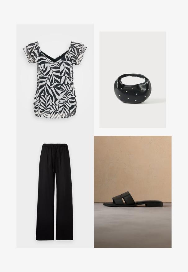 Zwart-witte blouse met korte mouwen, een V-hals en gerafelde mouwen, met een bladerenpatroon op een lichte stof en een ontspannen pasvorm.; Zwarte wijde broek met elastische taille en aantrekkoord, plat weergegeven op een lichtgrijze achtergrond.; Zwarte leren slides met brede bandjes en platte zool, zwevend boven een beige tapijt en bank op de achtergrond.; Zwarte leren handtas met een afgeronde vorm, versierd met zilveren studs, en een korte handgreep. Gladde textuur en ritsluiting.