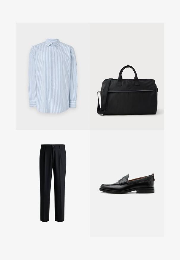 Blauwe en witte gestreepte blouse met lange mouwen, gemaakt van katoen, met een klassieke kraag, knoopsluiting aan de voorkant en manchetten.; Zwarte broek van gladde stof, met een rechte pijpdesign, plooien aan de voorkant en een knoopsluiting met riemlussen.; Zwarte leren herensloffen met moc toe stiksel, pennyriem, gestructureerde kraag en lage gestapelde hak op witte achtergrond.; Zwarte rechthoekige reistas met dubbele handgrepen, verstelbare schouderriem, voorzak met rits en klein "BOSS"-logo aan de voorkant.