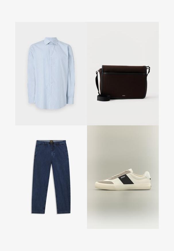 Blauwe en witte gestreepte blouse met lange mouwen, gemaakt van katoen, met een klassieke kraag, knoopsluiting aan de voorkant en manchetten.; Donkerblauwe denimbroek met een rechte snit, voorzakken en een grijze tailleband. Heeft een BOSS-logo aan de binnenkant.; Witte en lichtgrijze lage sneaker met zwart zijpaneel met "BOSS"-logo, textuurrubber zool en beige veters op een neutrale achtergrond.; Donkerbruine stoffen boodschappentas met verstelbare zwarte riem en klein zilveren "BOSS"-logo op de voorflap.