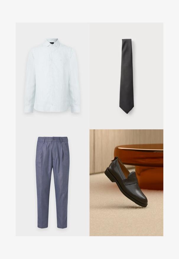 Chemise à boutons pour homme en bleu clair avec des rayures verticales blanches, col classique, manches longues et logo subtil sur la poitrine.; Pantalons tissés bleu avec une coupe ajustée, dotés de plis à l'avant, d'une fermeture à bouton et d'une texture lisse. Longueur raccourcie avec des jambes droites.; Mocassin en cuir noir à talon bas flottant au-dessus d'un tapis beige, à côté d'une table brillante couleur ambre dans une pièce minimaliste.; Calvin Klein SLIDELL SOLID - Cravate - black