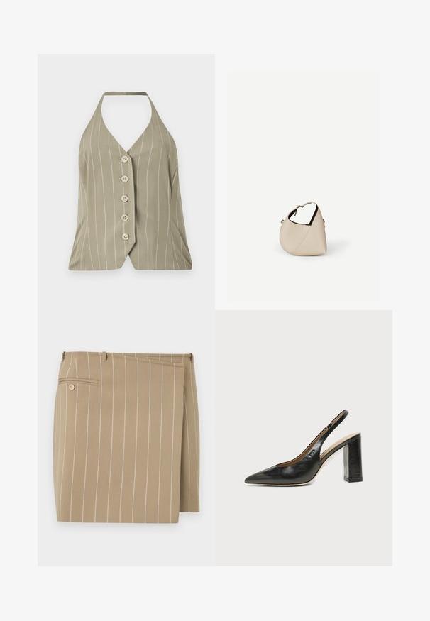 Haut à col halter en vert olive clair, arborant des rayures blanches verticales, cinq boutons sur le devant et une coupe ajustée avec un ourlet évasé.; Jupe beige avec des rayures blanches verticales, en tissu texturé. Présente un rabat à l'avant et une poche arrière avec un détail de bouton.; Chaussure slingback en cuir noir à bout pointu avec un talon bloc haut et une doublure intérieure beige sur un fond clair uni.; Sac à main en cuir beige en forme de croissant avec une seule bandoulière et des coutures minimalistes, posé sur un fond blanc uni.