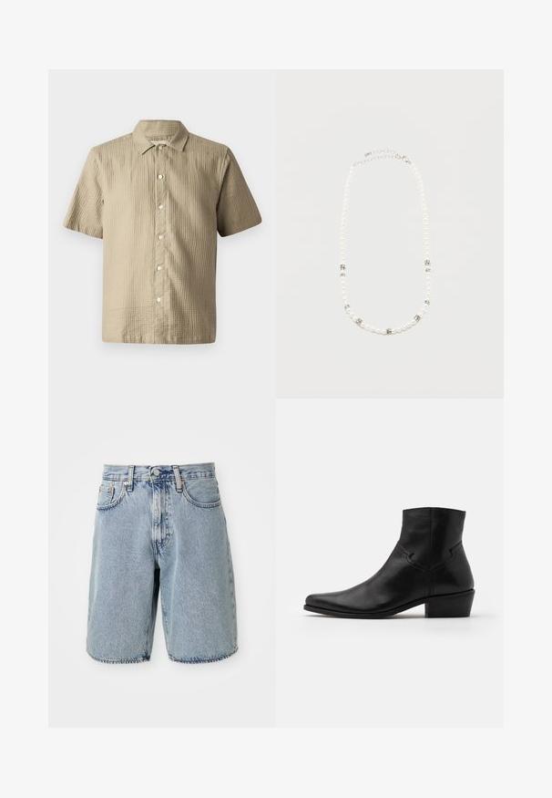 Chemise à manches courtes en beige clair, en tissu texturé. Présente une fermeture à boutons sur le devant, un col pointed et six boutons le long de la patte de boutonnage.; Shorts en denim bleu clair avec taille haute, coupe droite, ourlet effiloché, cinq poches et bouton de fermeture. Texture abîmée visible.; Bottine en cuir noir à bout pointu, avec des détails de couture minimalistes, un talon carré de hauteur intermédiaire et une finition lisse et brillante.; Collier de perles blanches avec des intercalaires en strass argentés et un fermoir chaîne en argent, présenté sur un fond clair uni.